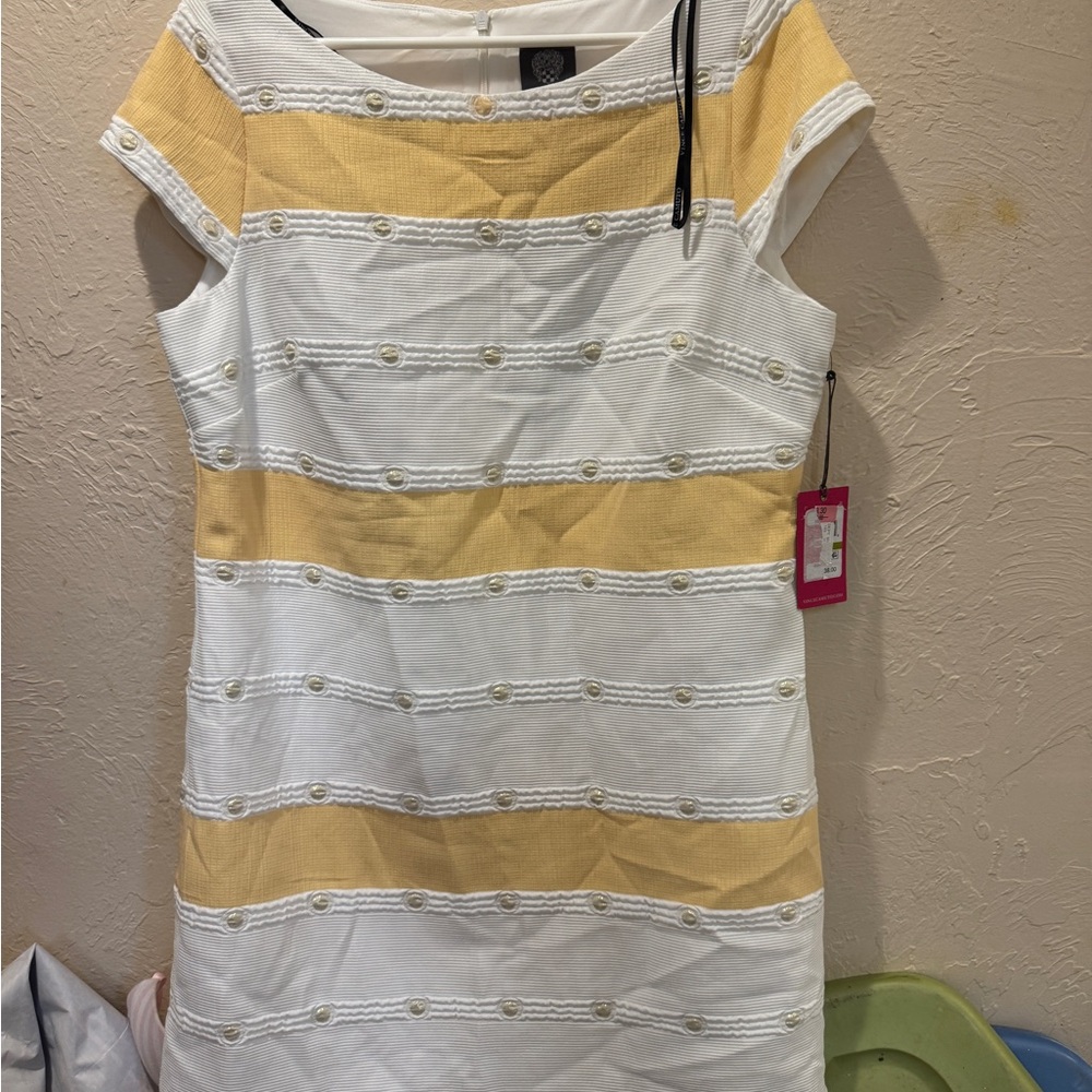 Vince Camuto White and Yellow Striped Midi Dress